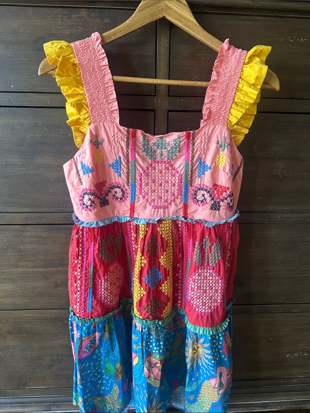 FARM Rio Pink, Yellow & Blue Patchwork Embroidered Midi Dress